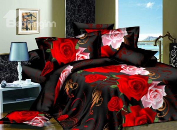 Pink and Red Roses Print 4-Piece 3D Polyester Duvet Cover Sets