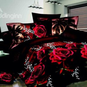 Bright Red Flowers Print 4-Piece 3D Polyester Duvet Cover Sets