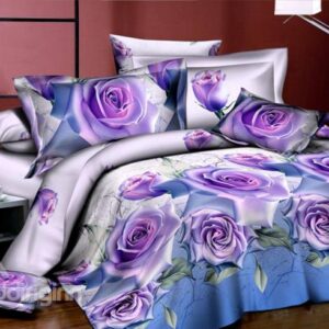 Very Beautiful Purple Roses Print 4-Piece 3D Polyester Duvet Cover Sets