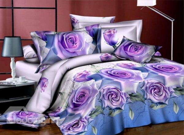 Very Beautiful Purple Roses Print 4-Piece 3D Polyester Duvet Cover Sets