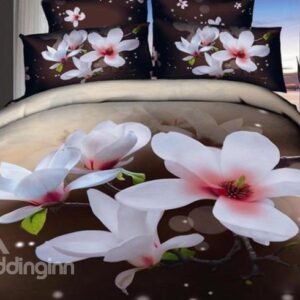Beautiful White Flowers Print 4-Piece 3D Cotton Duvet Cover Sets