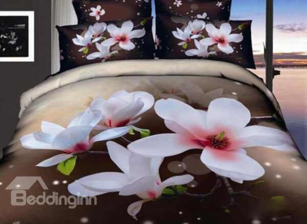 Beautiful White Flowers Print 4-Piece 3D Cotton Duvet Cover Sets