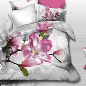Adorable Pink Flowers Print 4-Piece 3D Cotton Duvet Cover Sets