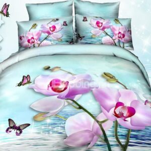 Pretty Pink Flowers and Butterfly Print 4-Piece 3D Cotton Duvet Cover Sets