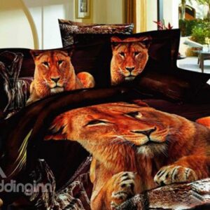 Beautiful Golden Lion on Stone Print 4-Piece 3D Bedding Sets