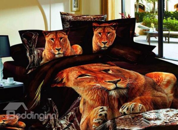 Beautiful Golden Lion on Stone Print 4-Piece 3D Bedding Sets
