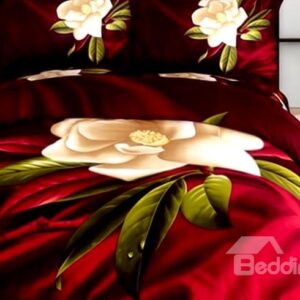 Charming White Flower Print 4-Piece Cotton 3D Bedding Sets