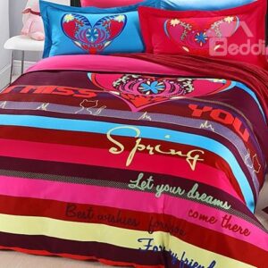 Colorful Stripe and Flower Heart Print 4-Piece Duvet Cover Sets