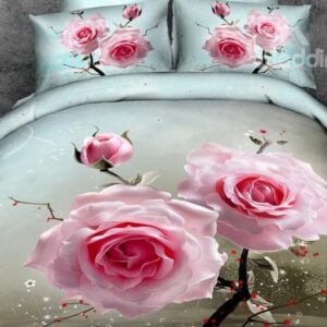 High Quality Two Pink Flowers Print 4-Piece Duvet Cover Sets