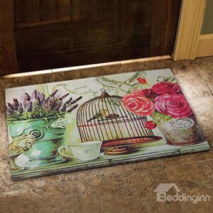 Country Style Flower Vase and Bird Cage Prints Doormat