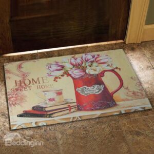European Style Fancy Flower Vase and Books Print Doormat