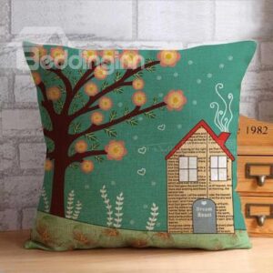 Delicate Tree and Flowers Beside House Throw Pillow