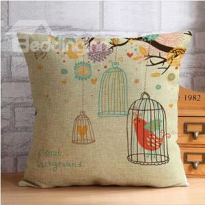 Bird in Cage and Fancy Trees Throw Pillow