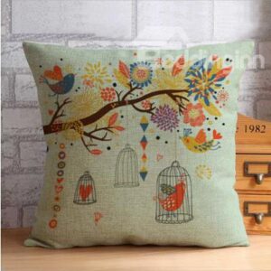 Vivid Bird and Colorful Trees Print Throw Pillow