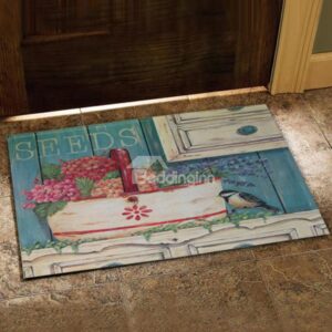European Style Beautiful Flower Basket and Bird Print Doormat