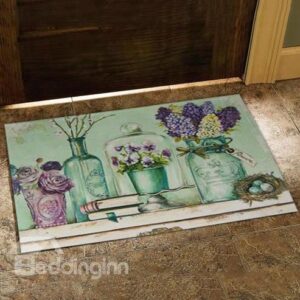 Country Style Beautiful Flower Vases and Book Print Doormat