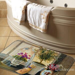 Country Style Fancy Flower Vases Print Water Absorption Bath Rug