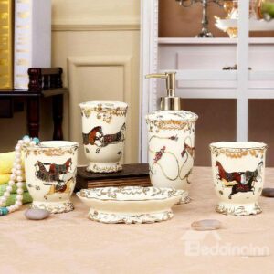 High Grade Prancing Horse Print Five Pieces Ivory Porcelain Bathroom Accessories