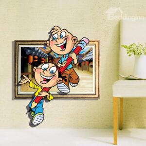 Amazing Creative 3D Kids Carrying a Pencil Design Wall Sticker
