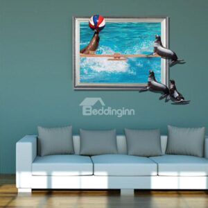 Fancy Creative 3D Seals Playing the Ball Design Wall Sticker