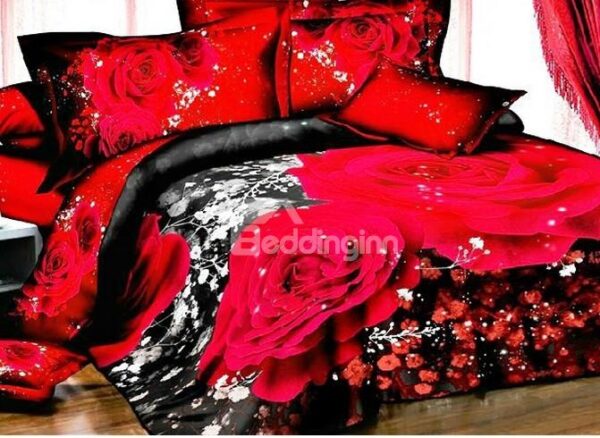 Luxury Red Roses Print 4-Piece Polyester 3D Duvet Cover Sets