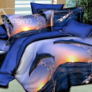 Dolphin Jumping into the Sea Print 4-Piece Combed Cotton 3D Duvet Cover Sets