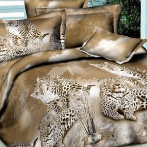 Leopards Lying on Land Print 4-Piece Polyester 3D Duvet Cover Sets