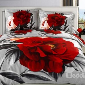 Elegant Red Flower Print 4-Piece Cotton 3D Duvet Cover Sets