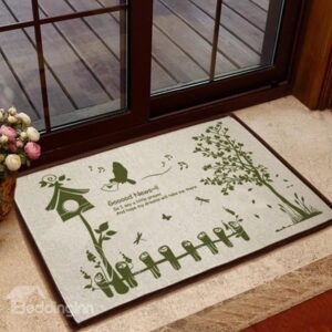 Elegant Green Carrier Pigeon and Tree Pattern Non-slip Doormat