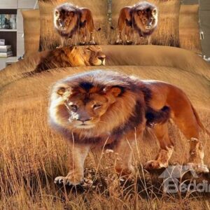 Attractive Lion on Grass Land Print 4-Piece 3D Duvet Cover Sets