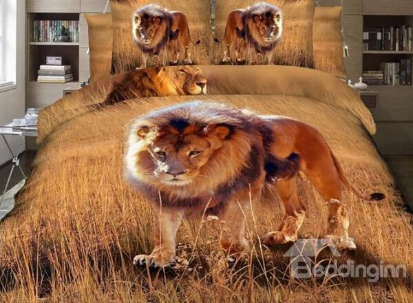 Attractive Lion on Grass Land Print 4-Piece 3D Duvet Cover Sets