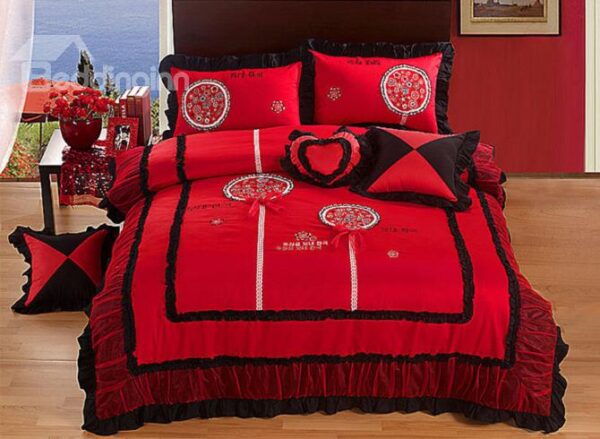 Red Flower Embroidery 4-Piece Cotton Cinderella Princess Duvet Cover Sets
