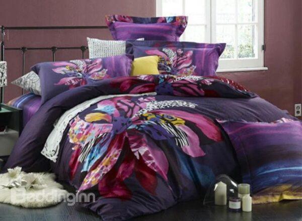 Very Soft Luxury Flower Print 4-Piece Cotton Duvet Cover Sets
