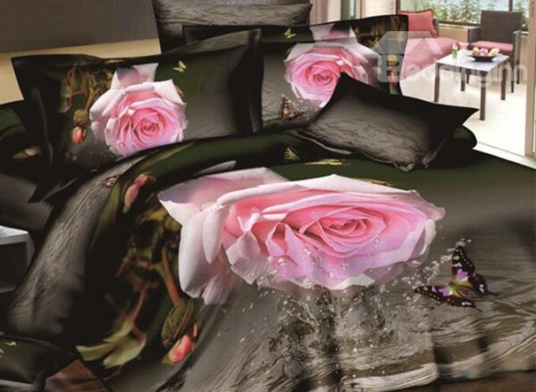 Tempting Pink Rose and Butterfly Print 4-Piece Cotton Duvet Cover Sets