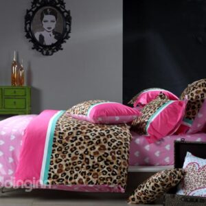 Wild Honey Leopard and Heart Print 4-Piece Cotton Duvet Cover Sets