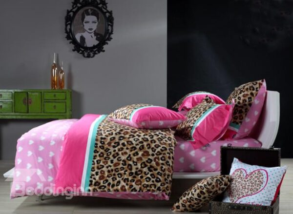 Wild Honey Leopard and Heart Print 4-Piece Cotton Duvet Cover Sets