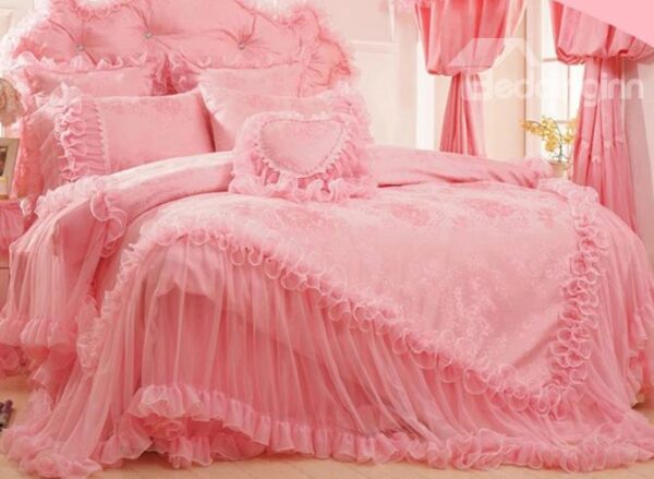 Pretty Pink Lace Edging Flower Embroidery 4-Piece Princess Duvet Cover Sets
