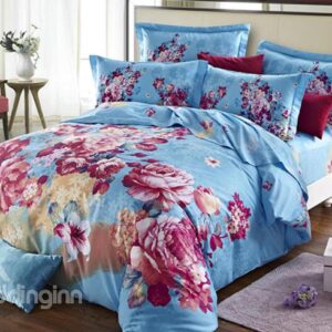 Red Flower with Blue Background 4-Piece Duvet Cover Sets