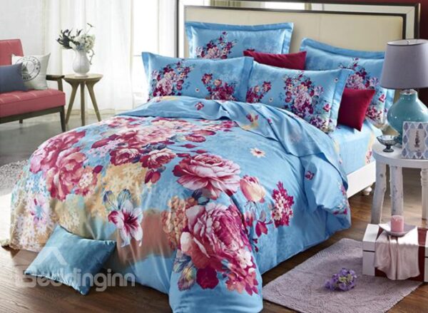 Red Flower with Blue Background 4-Piece Duvet Cover Sets
