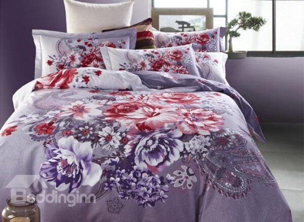 Paisley Pattern and Colorful Flower Print 4-Piece Cotton Duvet Cover Sets
