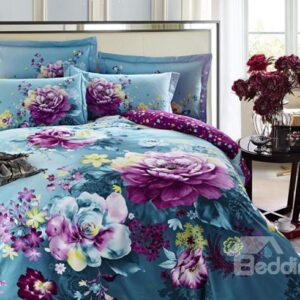 Purple Flower with Blue Background Cotton 4-Piece Duvet Cover Sets
