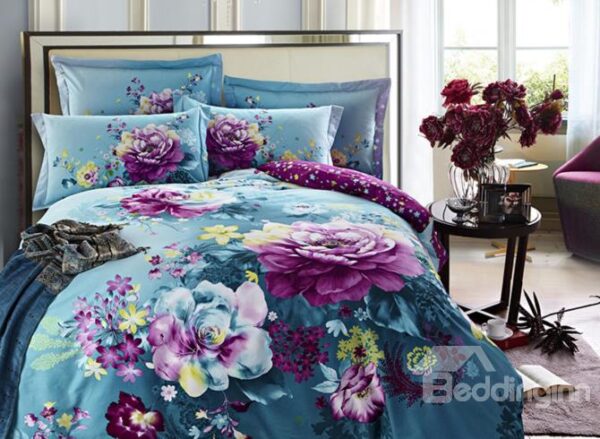 Purple Flower with Blue Background Cotton 4-Piece Duvet Cover Sets