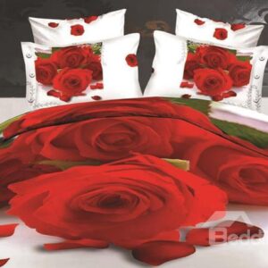 Bright Red Roses Print 4-Piece Polyester 3D Duvet Cover Sets