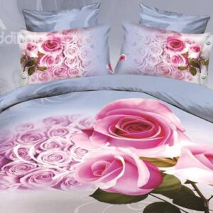 A bunch of Pink Roses Print 4-Piece Polyester 3D Duvet Cover Sets