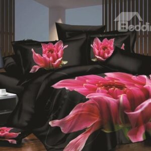 Fancy Pink Flower Blooming in Darkness Print 4-Piece Polyester 3D Duvet Cover Sets