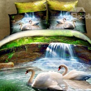 White Swans and Waterfall Print 4-Piece Polyester 3D Duvet Cover Sets