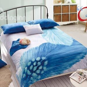 Unique Blue Feather Print 4-Piece Cotton Duvet Cover Sets