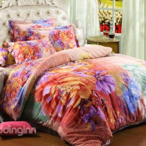 Beautiful Garden Multi-Color Flower Print 4-Piece Cotton Duvet Cover Sets