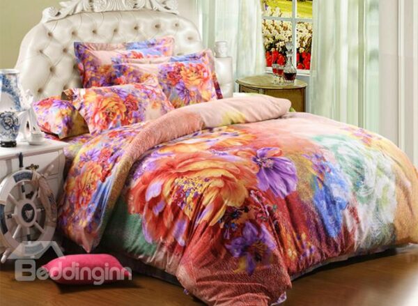 Beautiful Garden Multi-Color Flower Print 4-Piece Cotton Duvet Cover Sets