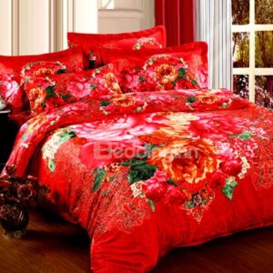 Happy Life Bright Red Flower Print 4-Piece Cotton Duvet Cover Sets